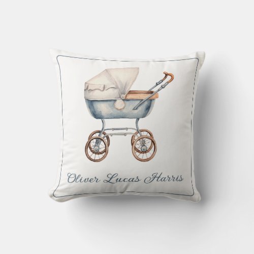 Vintage Watercolor Blue Baby Carriage Personalized Throw Pillow