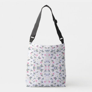 Vintage Watercolor Blue Butterfly & Pink Floral Crossbody Bag