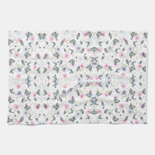 Vintage Watercolor Blue Butterfly & Pink Floral Kitchen Towel