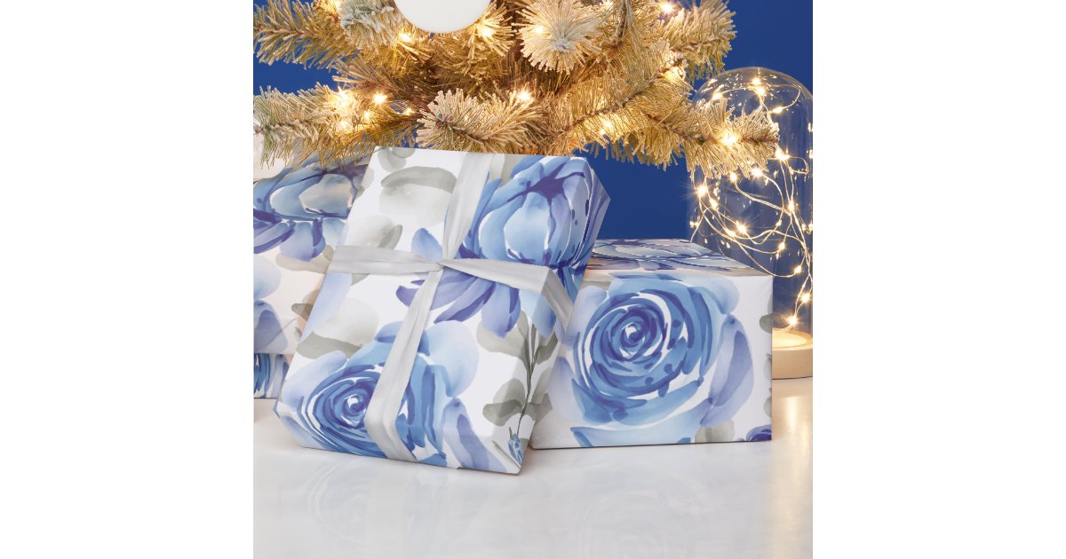 Vintage watercolor blue floral pattern wrapping paper | Zazzle