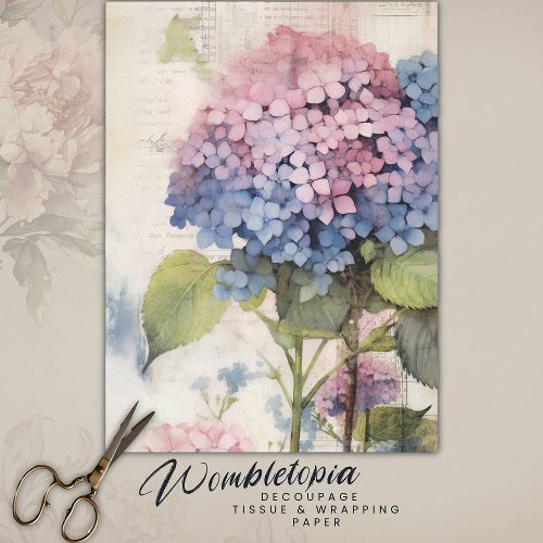  Vintage Watercolor Blue Pink Hydrangea Decoupage Tissue Paper