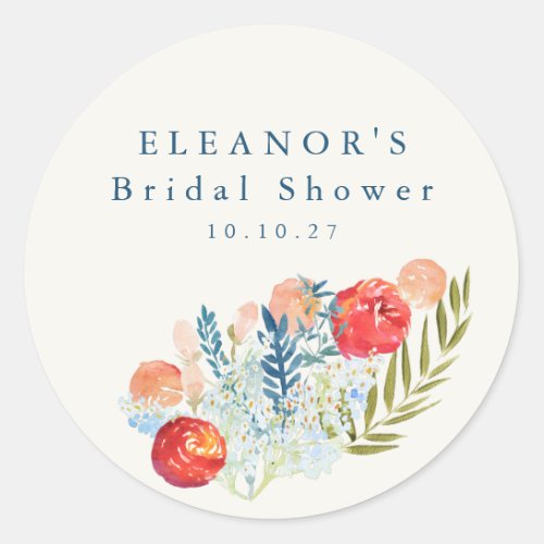Vintage Watercolor Blue Red Floral Bridal Shower Classic Round Sticker