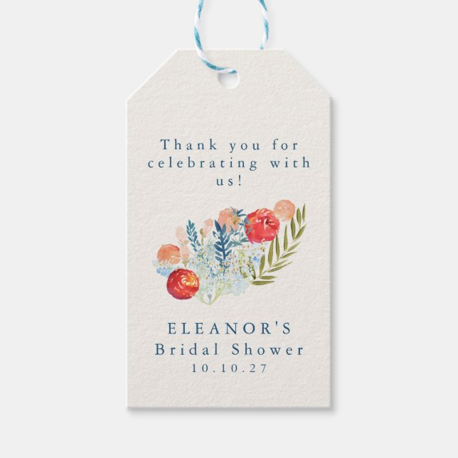 Vintage Watercolor Blue Red Floral Bridal Shower Gift Tags (Front)