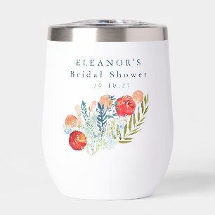 Vintage Watercolor Blue Red Floral Bridal Shower Thermal Wine Tumbler