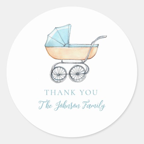 Vintage Watercolor Blue Stroller Thank you Classic Round Sticker