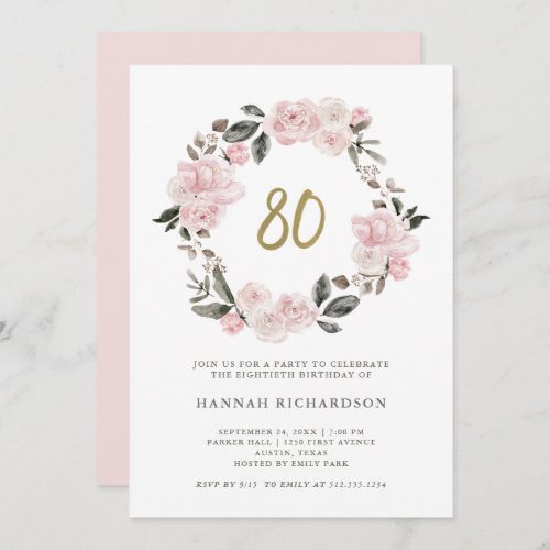 Vintage Watercolor Blush Floral  80th Birthday Invitation