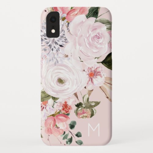 Vintage Watercolor Blush Pink Peony Rose Monogram iPhone XR Case