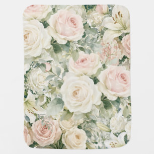 Vintage Watercolor Blush Pink Rose & Lily Floral  Baby Blanket
