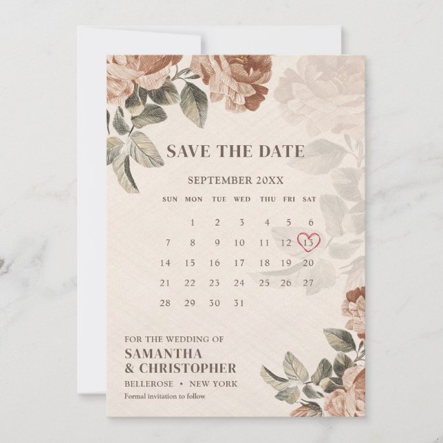 Vintage watercolor boho rusty terracotta rose sage save the date (Front)