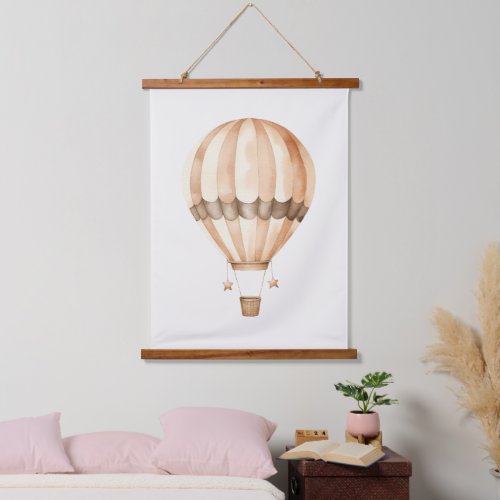 Vintage Watercolor Brown and Cream Hot Air Balloon Hanging Tapestry