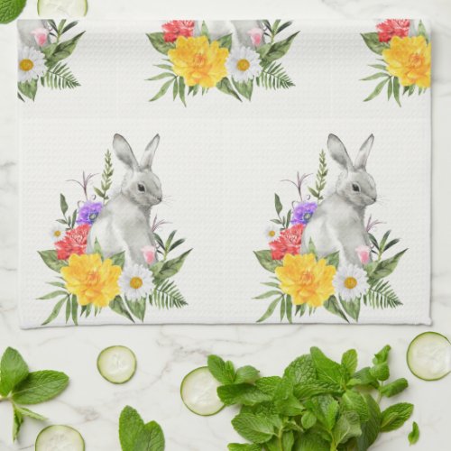 Vintage Watercolor Bunny Spring Floral Kitchen Towel