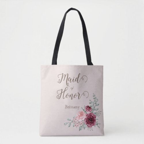 Vintage Watercolor Burgundy Floral Maid of Honor Tote Bag