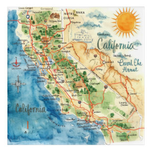 Vintage Watercolor California Travel Map Art