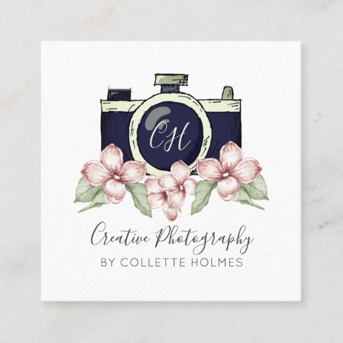 Vintage Watercolor Camera And Florals Photography Square Business Card