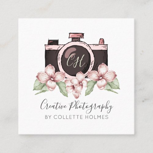 Vintage Watercolor Camera And Florals Photography  Square Business Card