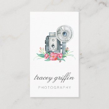 Vintage Watercolor Camera And Flowers Business Card by NoteworthyPrintables at Zazzle