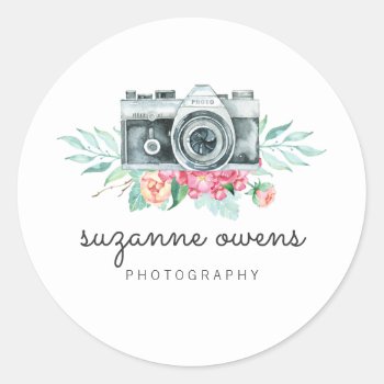 Vintage Watercolor Camera Round Sticker by NoteworthyPrintables at Zazzle