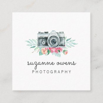 Vintage Watercolor Camera Square Business Card by NoteworthyPrintables at Zazzle
