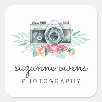 Vintage Watercolor Camera Square Sticker by NoteworthyPrintables at Zazzle
