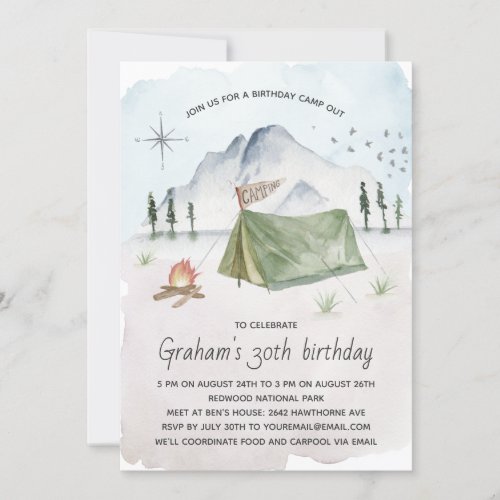 Vintage Watercolor Camping Birthday Party Invitation