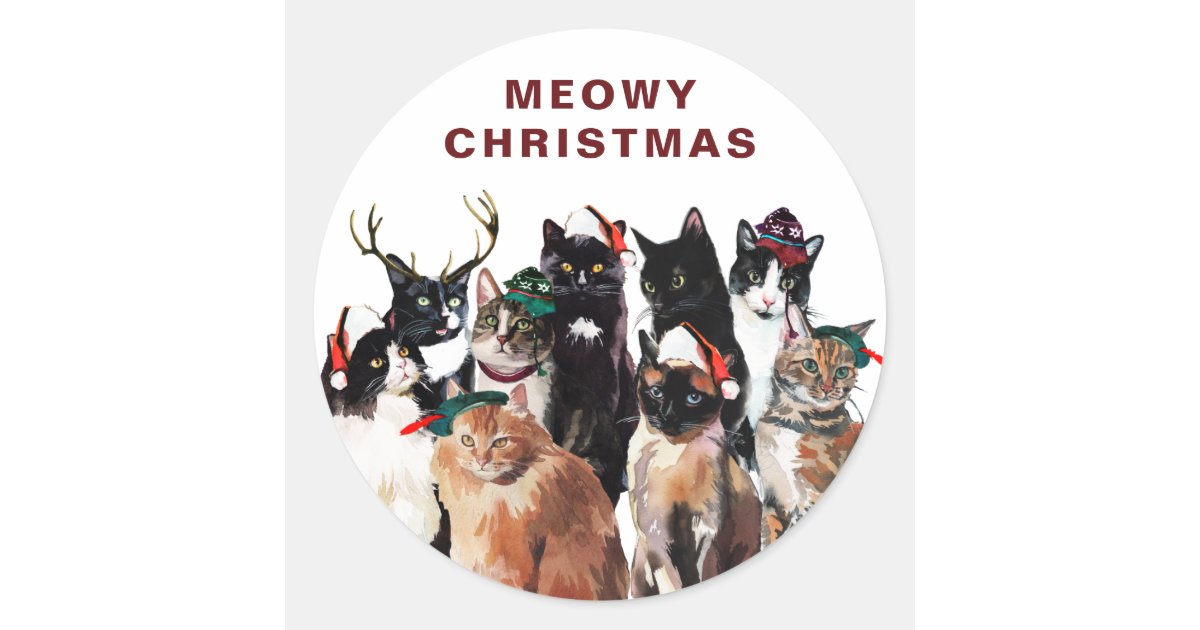 Vintage Watercolor Cat Clowder Meowy Christmas Classic Round Sticker ...