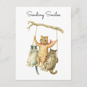 Vintage Watercolor Cats on Swing Sending Smiles Postcard