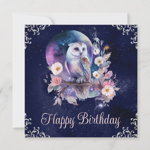 Vintage Watercolor Celestial Fantasy Owl Birthday Card