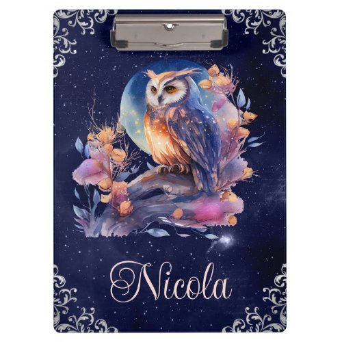 Vintage Watercolor Celestial Fantasy Owl Clipboard