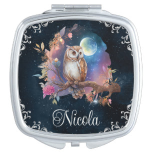 Vintage Watercolor Celestial Fantasy Owl Compact Mirror