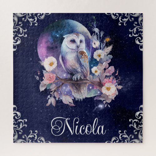 Vintage Watercolor Celestial Fantasy Owl Jigsaw Puzzle