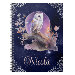 Vintage Watercolor Celestial Fantasy Owl Notebook