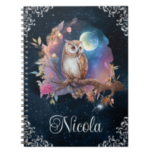 Vintage Watercolor Celestial Fantasy Owl Notebook