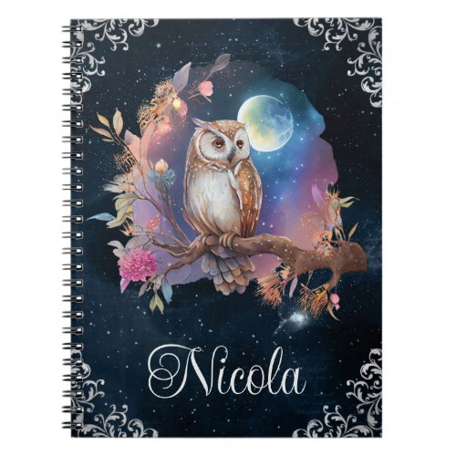 Vintage Watercolor Celestial Fantasy Owl Notebook