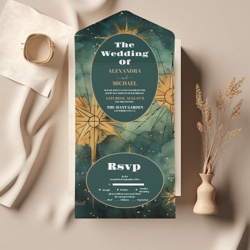 Vintage Watercolor Celestial Wedding All In One Invitation