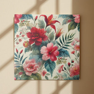 Vintage Watercolor Cherry Red Pink Green Floral Ceramic Tile