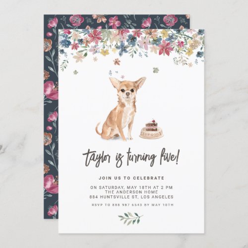 Vintage Watercolor Chihuahua Dog Birthday Party Invitation