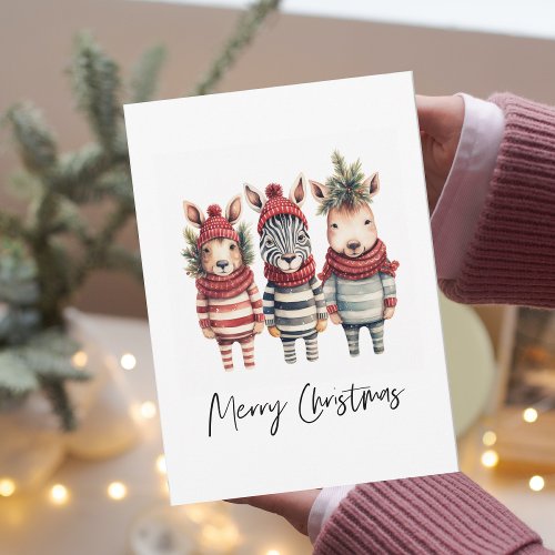 Vintage Watercolor Christmas Animals Holiday Card