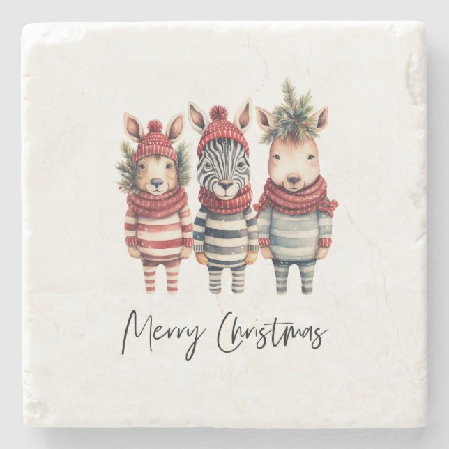 Vintage Watercolor Christmas Animals Stone Coaster (Front)