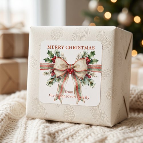 Vintage Watercolor Christmas Bow Family Holiday Square Sticker