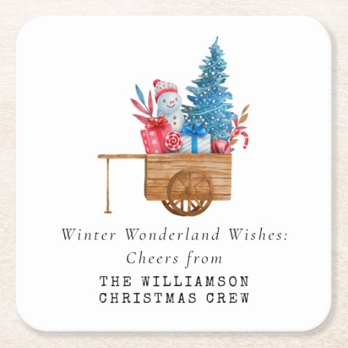 VINTAGE WATERCOLOR CHRISTMAS CARRIAGE PERSONALIZE  SQUARE PAPER COASTER