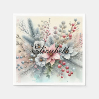 Vintage Watercolor Christmas Floral and Ornaments Napkins