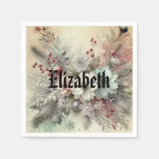 Vintage Watercolor Christmas Floral and Ornaments Napkins