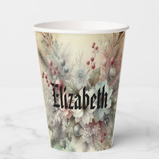 Vintage Watercolor Christmas Floral and Ornaments Paper Cups