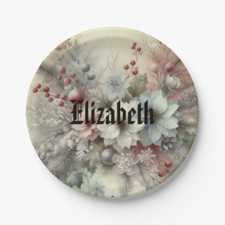 Vintage Watercolor Christmas Floral and Ornaments Paper Plates