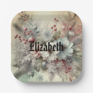 Vintage Watercolor Christmas Floral and Ornaments Paper Plates