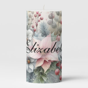 Vintage Watercolor Christmas Floral and Ornaments Pillar Candle