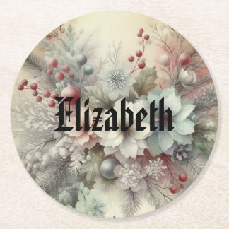 Vintage Watercolor Christmas Floral and Ornaments Round Paper Coaster