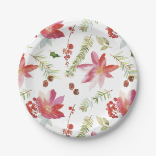 Vintage Watercolor Christmas Florals Paper Plates