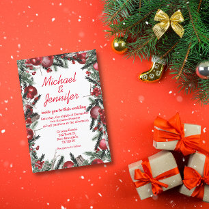 vintage watercolor christmas greenery wedding red invitation