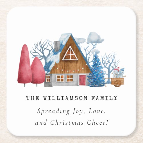 VINTAGE WATERCOLOR CHRISTMAS HOUSE FAMILY  SQUARE PAPER COASTER